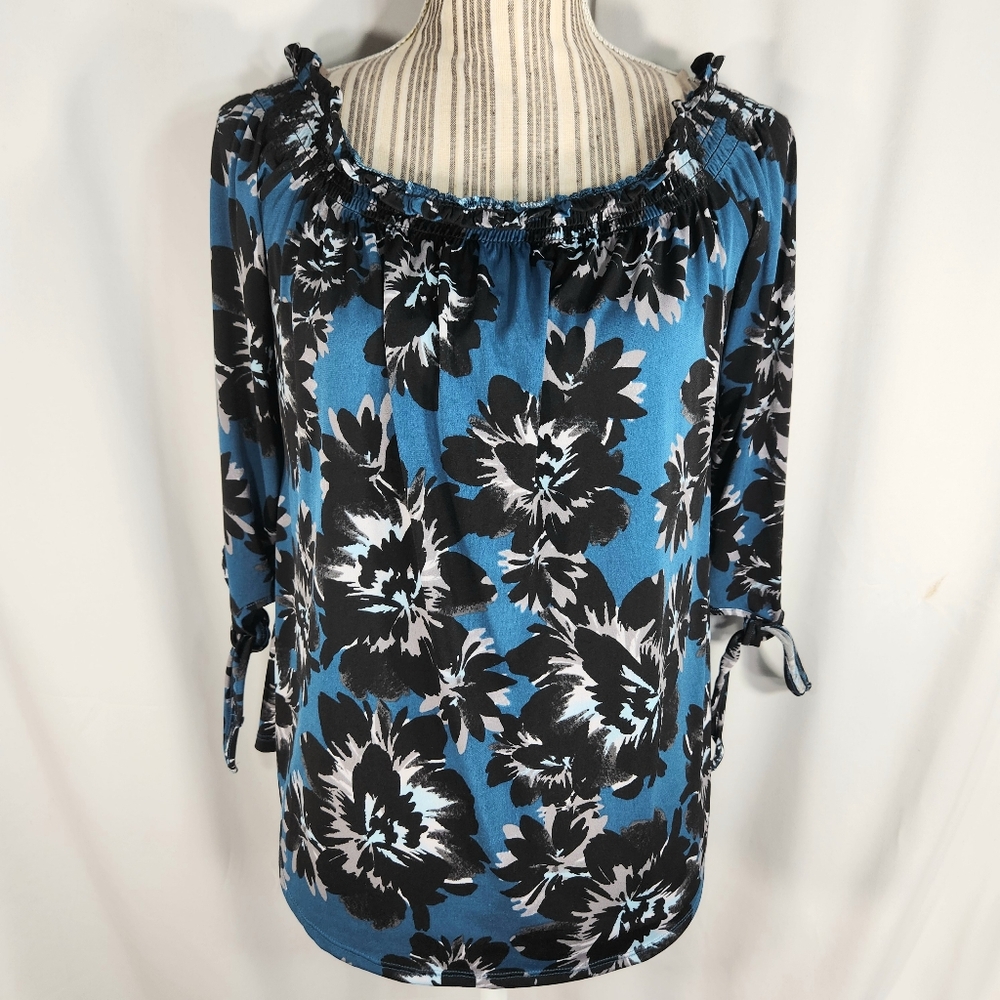 White House Black Market Blue Black Floral 3/4 Sleeve Off Shoulder Top Medium